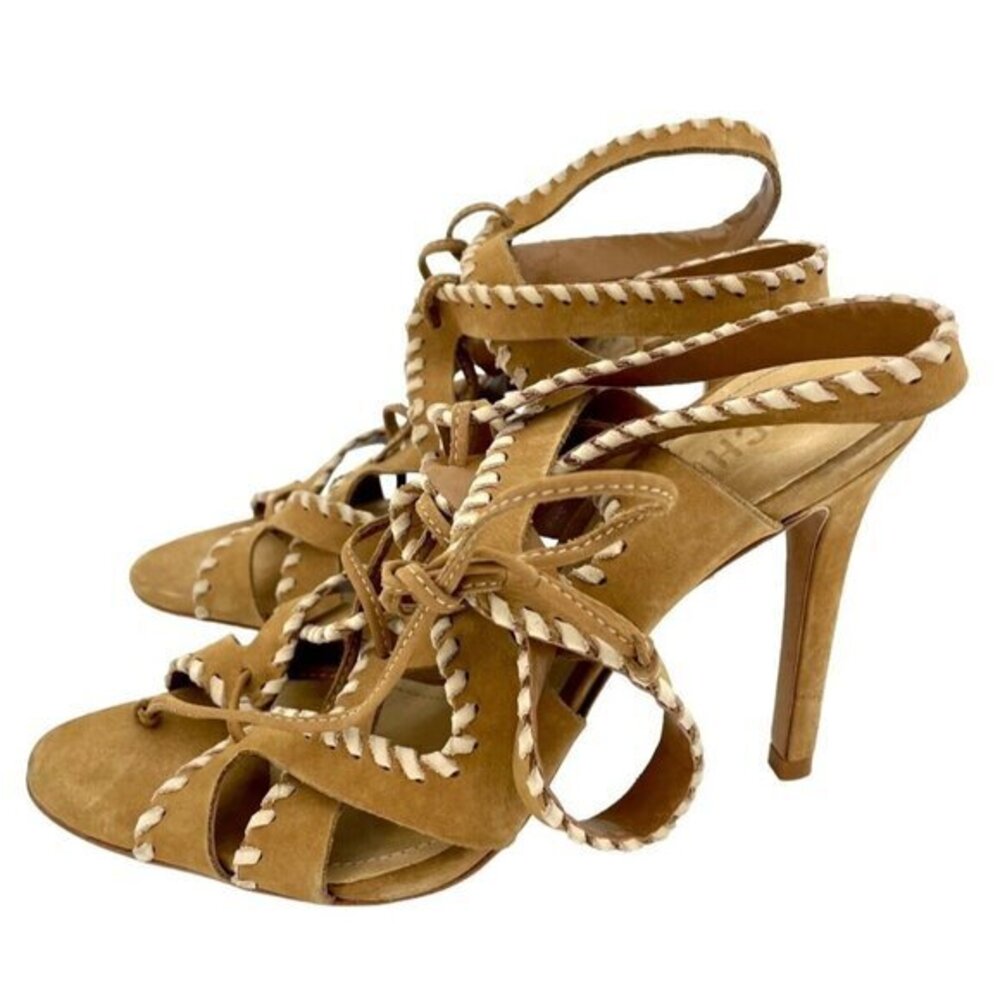 Schutz Tan Brown Nubuck Leather Ankle Strap Open Toe Heels Sandals SZ 7.5